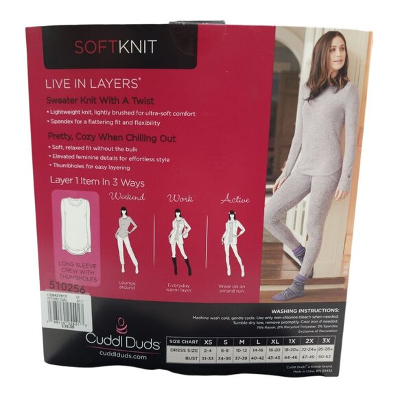 Cuddl Duds Womens Long Sleeve Crew SoftKnit Top Medium Charcoal Ultra Soft Knit - Picture 5 of 9